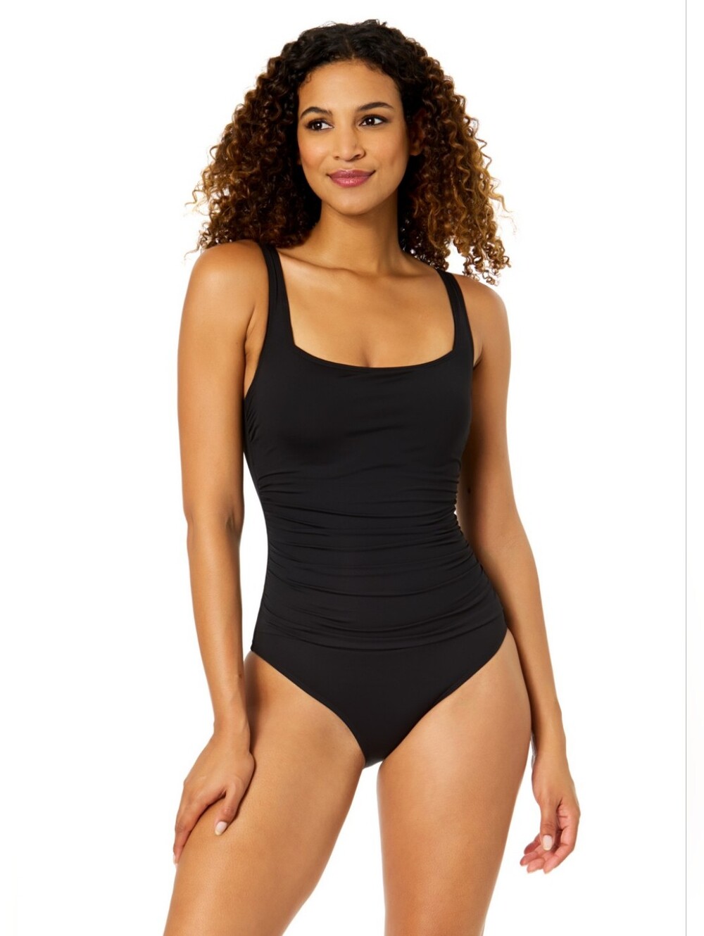 Anne Cole Black Classic Square Neck Shirred One Piece Swimsuit, M